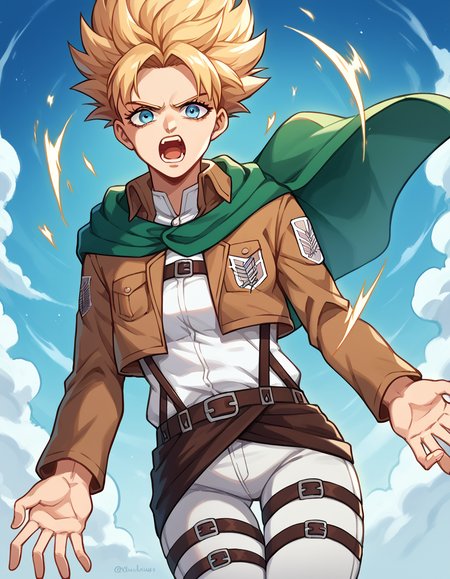 score_9, score_8_up, score_7_up, source_anime, <lora:super-saiyan-ponyxl-lora-nochekaiser:1>, super saiyan, spiky hair, aura, open mouth, closed hands, shouting, breast, <lora:paradis-military-uniform-ponyxl-lora-nochekaiser:1>, paradis military uniform, belt, cloak, cropped jacket, emblem, green cloak, jacket, long sleeves, pants, shirt, thigh strap, uniform, white pants, white shirt, brown jacket,, wasteland, sky, blue sky, clouds,, cowboy shot, dutch angle, looking at viewer,