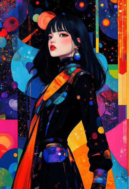 A strikingly minimalist female model, her face adorned with bold geometric makeup in vibrant blues and oranges, inspired by the Art Deco era. Her sleek, futuristic couture outfit blends the elegance of 1920s high fashion with a modern cyberpunk twist. The clothing features sharp, clean lines with metallic holographic accents, glowing under the light. In the background, neon pinks, purples, and greens form abstract, hand-painted patterns, adding a surreal, futuristic energy. The borders of the image are sharp and asymmetric, evoking a balance between vintage elegance and futuristic edge. 
break
Beautiful Scandinavian model, 20 years old, elegant face with natural beauty, femme fatale, sleek and sophisticated pose, fashion-forward look with a futuristic twist, calm and confident expression, her attire is stylish and minimal, complementing her form while maintaining a futuristic high couture edge, dynamic but understated pose, smooth and minimal makeup with sharp highlights to emphasize her natural features.  
break
twisted torso pose, Natural Grace, (three quarter view:1), (from below:0.2), (dutch angle:0.2), upper body, detailed shot, wind effect, floating hair, Direct Eye Contact,
break
<lora:midjourney_whisper_avant_couture_v01:0.8>, <lora:midjourney_whisper_chromaplex_v1:0.3>, <lora:Midjourney_Whisper_AgateX_v1_epoch_20:0.4>,<lora:Luminous_Shadowscape:0.3>, <lora:RetroAnimeFluxV1:0.4>,
