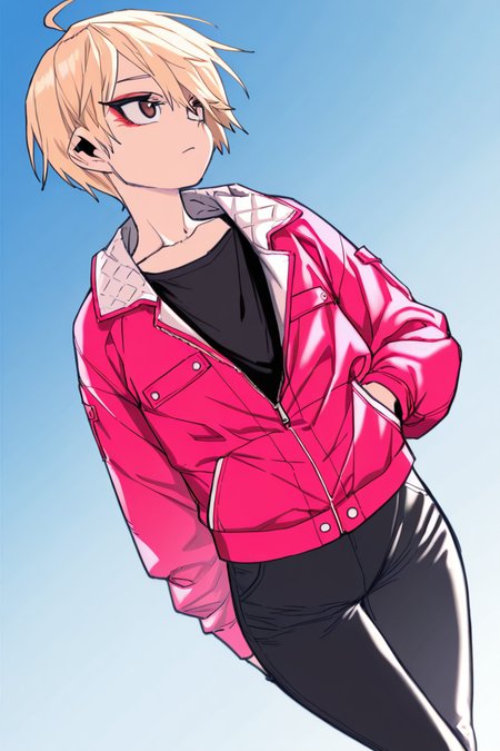 Score_9, score_8_up, score_7_up, masterpiece, best quality, newest, absurdres, highres,HongiLtak, 1boy, blonde hair, brown eyes, ahoge, short hair, eyeliner, dynamic angle,otoko no ko, solo, male_focus, jacket, pants