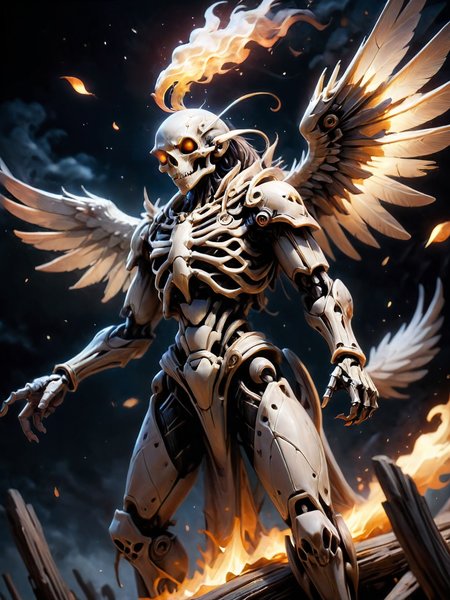 Mecha Skeletal fire infused raven flies through the night sky, behind it scatter trypophobic feathers, druidic style magic