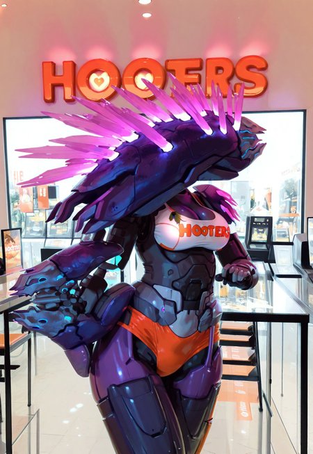 masterpiece, best quality, amazing quality, very aesthetic, absurdres, newest, needler_\(weapon\), solo,  crystals, hooters outfit, no humans, hooters restaurant background