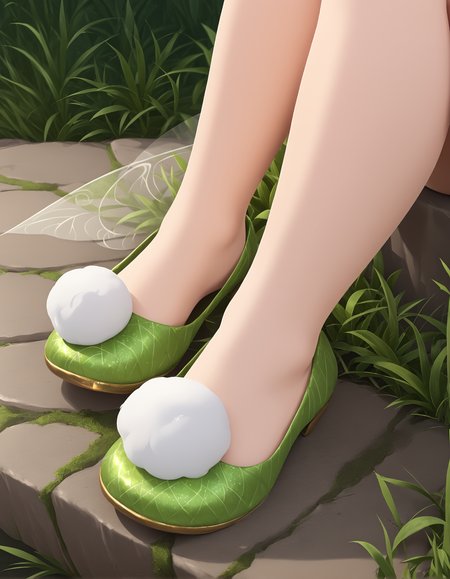 1girl, 
Tinkerbell, Fairy, Fairy wings,
sitting,
foot focus,
outdoors,
(t1nk shoes),
embedding:zPDXL2 ,