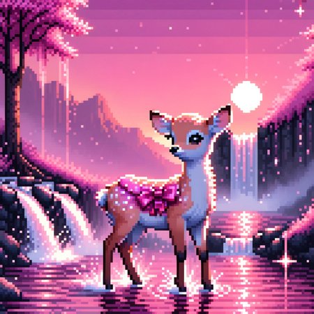 score_9, score_8_up, score_7_up, score_6_up, detailed pixel art:1.5, portrait, pink deer, pink bow, pink sunset, waterfall, sparkles <lora:UwU_Pixels:1.1>