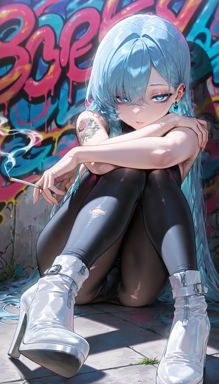 (masterpiece), best quality, amazing quality, very aesthetic, absurdres,  newest, scenery, 8K, detailed face, 1girl, intricate details,
a portrait of a women, legwear, straight hair, high heels, sexy, grunge art, (looking at viewer:1.1), tattoo, blue eyes, perfect eyes, half-closed eyes, sitting, crazy shadow, blue hair, smoking, white shoes,
(solo focus:1.1), <lora:add-detail-xl:0.8>,  <lora:SDXLFaeTastic2400:0.7>, graffiti, earrings, taking the pose
masterpiece, best quality, amazing quality, very aesthetic, absurdres, newest, scenery, 8K,
