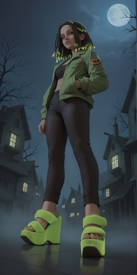 score_9, score_8_up, score_7_up, score_6_up, realistic,
wide angle, standing, low angle, foot focus, from side,
standing,
(glowing neon footwear:1.1),
(glowing neon hair:1.15),
1girl, leather pants, green short jacket, black and green hair, dreadlocks, 
ï»¿(ï»¿m3sh heels), platform footwear,
halloween scene, fog, haunted house, night,
green toenail polish,
embedding:zPDXLrl ,
embedding:zPDXL2 ,