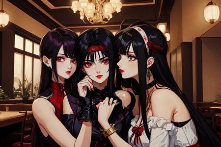 highly insanely detailed, masterpiece, top quality, best quality, highres, 4k, 8k, RAW photo, (very aesthetic, beautiful and aesthetic),  
beth_\(megami_tensei\),bethsmtii,shin megami tensei ii,long hair,black hair,straight hair,sleek black,jewelry,cross,headband,red_lipstick,katana,sword, 
<lora:zs_Beth:0>, 
(1girl:1.3), 1other, 
in a glamorous restaurant,âââ