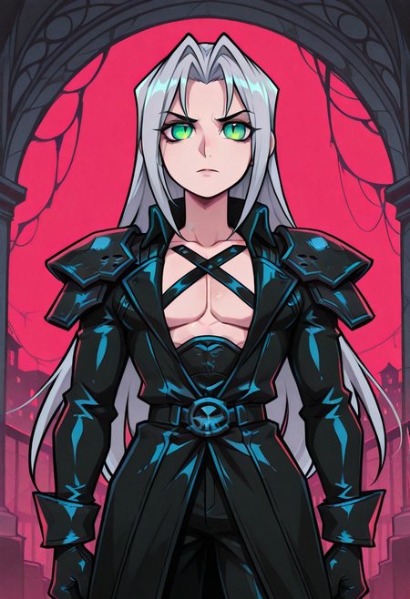 score_9,score_8_up,score_7_up,score_6_up, masterpiece, best quality, very aesthetic, 2d, ((thin lines)), vibrant saturated colors,
volumetric lighting, cinematic lighting, moody lighting, dramatic shadows,
detailed background, 
BREAK sephiroth, official outfit grey hair, long hair, very long hair, parted bangs, armor, open clothes, shoulder armor, long sleeves, pectorals, black jacket, jacket, black gloves, high collar, long bangs, black coat, green eyes, slit pupils, gothic noir background