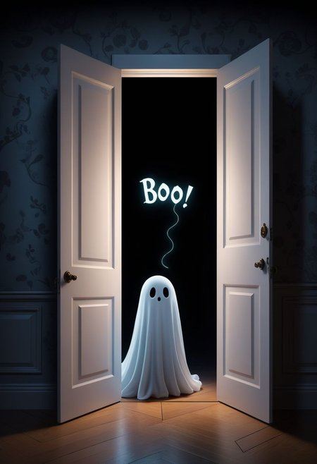 a stunning image of a lone, spooky, cute, and adorable ghost in a closet, accompanied by a huge chat bubble close to the ghost that says "boo". The ghost will be portrayed in a spooky and detailed manner, incorporating hyperdetailing techniques inspired by artists like Kim Keever, Antoine Collignon, Wadim Kashin, and Tim Burton. The realism of the ghost will be emphasized, ensuring an incredible level of detail in its appearance. The composition will be meticulously crafted, with dynamic lighting adding depth and drama to the scene. The concept art will be carefully composed to convey a sense of mystery and intrigue, resulting in a digital illustration with a cell-shaded style. Volumetric lighting will be used to enhance the atmosphere and emphasize the ghost's ethereal presence in the closet. The final artwork will be a masterpiece of spooky cuteness, blending realism with a touch of whimsy and charm.