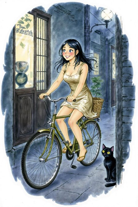 d0sn Illustration. A Japanese school girl riding a old style bicycle through a narrow, quiet street at night. The happy woman wears a simple, flowing dress. In the corner, a small black cat with piercing eyes sits watching her quietly. The mood is tranquil and slightly magical. Soft lighting, deep blue tones, detailed shading, ethereal, cinematic composition  <lora:d0sn_illus7_cap_d6a3:1.0><lora:805816567448397469:0>