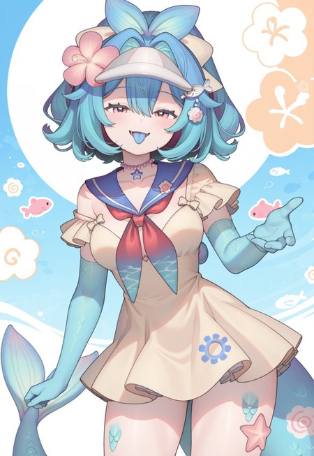 masterpiece, best quality,
lazuli, 1girl, blue hair, hair bow, yellow bow, pink eyes, short hair, wide ponytail, medium breasts, fish tail, blue scales, head fins, visor cap, fish hair ornament, hair flower, pearl choker, sailor dress, yellow dress, single off shoulder, neckerchief, blue arms, blue hands, open mouth, tongue out, smile, half-closed eyes, cowboy shot, foreshortening, looking at viewer, 