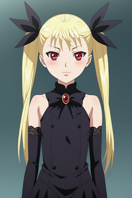 score_9, score_8_up, score_7_up, source anime, prefect lighting, very aesthetic, BREAK, anime screencap, anime coloring,
<lora:mina_tepes_v1:1>, 1girl, mina tepes, dance in the vampire bund, blonde hair, red eyes, flat chest, hair ribbon, twintails, elbow gloves, black dress, brooch, bare shoulders, 
BREAK, looking at viewer, light smile, blush, cowboy shot, 
BREAK,