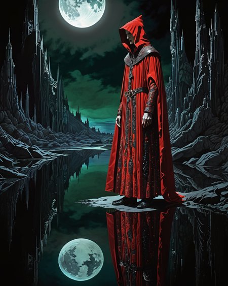 Guard wearing a scarlet robe, water, reflections, transparency, aspiring, vivid color, Mordor: A dark and evil land ruled by the dark lord Sauron, Harry Clarke,  volumetric lighting, <lora:add-detail-xl:1>, <lora:xl_more_art-full_v1:0.8>