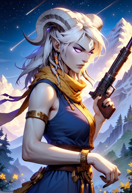 masterpiece, score_9, score_8_up, score_7_up, score_6_up, world of warcraft, detailed face, 
outdoor, mountains, night, stars, 
(female, mature, draenei, h0rns, ram horns, white horns, athletic arms, pale white skin, long white hair, four fingers, one thumb, black nail polish), (purple eyes), stern face, stern look, 
(long loose blue dress, simple armlet, yellow silk scarf), GunMonk, shotgun, 
side view