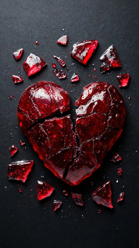 high-resolution photograph capturing a broken red heart-shaped object against a dark, textured surface. The heart is made of a smooth, transparent red material that resembles glass or crystal, with sharp, jagged edges and numerous cracks running through it. The broken pieces of the heart are scattered around the object, some lying flat on the surface and others slightly raised, creating a sense of disarray and destruction. The background is a dark, almost black, matte surface with a slightly rough texture, adding depth and contrast to the image. Small water droplets are scattered across the surface, enhancing the sense of wetness and fragility. The lighting in the photograph is soft but directional, highlighting the smooth, reflective surfaces of the heart pieces and casting subtle shadows that accentuate the cracks and edges. The overall mood of the image is one of heartbreak and loss, with the broken heart symbolizing emotional pain and the shattered pieces symbolizing the fragments of a broken heart. ,aidmaimageupgrader, aidmaMJ6.1 <lora:aidmaMJ6.1-FLUX-v0.5:0.7> <lora:aidmaImageUprader-FLUX-v0.3:0.4>
