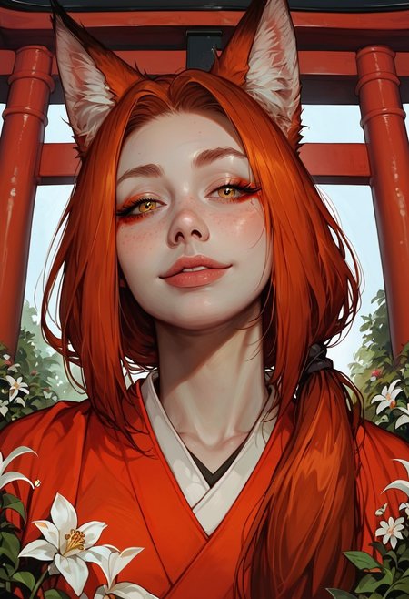 score_9_up, score_9, score_8_up, score_8, score_7_up, score_7, cinematic lighting, raw, high quality, 4k resolution, absurdres, masterpiece, dynamic lighting, high contrast, morimee_style, detailed face, 
1girl, solo, (kitsune), (fox ears), (mature), ((((pale skin)))), (yellow eyes), ((red makeup)), ((redhead hair)), freckles on face, ((long hairs, low ponytail)), [[average breasts]], (excited), (arched eyebrow), (white japanese kimono), kneeling, (long nails), head tilt, ribbon in hairs, flower in hairs, looking at viewer, [[smirking]], (arched eyebrow),
close view, (below view), (Sakura, garden, flowers, torii gate)