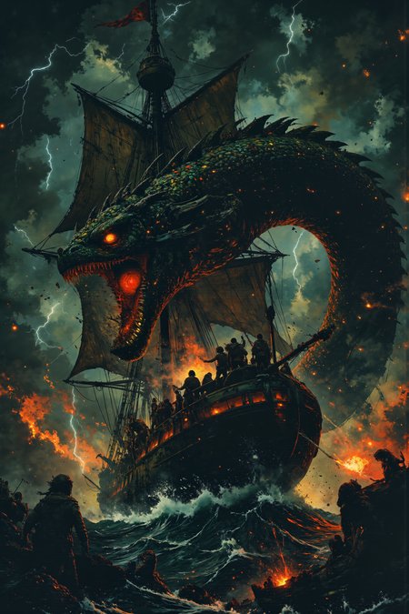 A hyper-realistic portrait, photorealistic photo close-up image of An epic battle scene on a stormy sea, where a pirate ship with tattered sails clashes with a colossal sea serpent. The serpent's scales shimmer with iridescent hues, and its eyes glow with fierce intelligence. Lightning illuminates the scene, casting dramatic shadows and highlighting the intense action. The ship's crew fights valiantly, their faces filled with determination. The composition captures the raw power of nature and the bravery of the sailors. Hyper-realistic, dynamic lighting, detailed textures, high contrast, dark and intense atmosphere, award-winning artwork (photography, high-resolution, dynamic, energetic,hyper-realistic, dramatic lighting, shallow depth of field.), detailmaximizer, MythP0rt<lora:midjourney_whisper_flux_lora_v01:0.55><lora:aidmaMJ6.1-FLUX-V0.1:0.4><lora:FluxMythP0rtr4itStyle:0.4><lora:detailed_flux_ntc:2.2><lora:aidmaImageUpgrader-FLUX-V0.1:0.65><lora:Luminous_Shadowscape-000016:0.8>