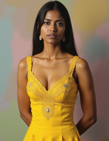 cowboy shot photo of de51 medium woman, thin waist with hourglass figure, hyper realistic candid photo, serious,studio quality, wearing intricate conservative sleeveless Yellow Gota Patti Suit (Rajasthani embellished dress), straight hair, pastel shaded multicolored background, cinematic lighting,  <lora:Desi_Coffee_Flux_Kohya_LoRA_v3:0.8>âââ