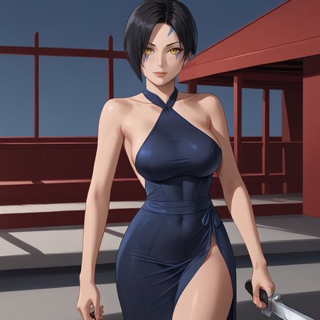<lora:shahdee_pony_v1:1> Shahdee, 1girl, large breasts, black hair, yellow eyes, short hair, facial mark,tattoo,  cowboy shot,  <lora:0932 Home wear 9_v1_pony:1> ruanyi0932,blue dress,halter dress,sleeveless,cowboy shot,taut dress,skin tight,long dress