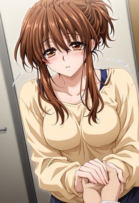 masterpiece, best quality, newest, highres, uncensored, 1girl, yokota mamoru style,1girl, slender face，motion lines, ,Kudou Chiharu,Brown Hair, Long Hair,brown Eyes, Tareme Eyes,Slim
1girl, solo, blush, brown eyes, holding hands, solo focus, long sleeves, dutch angle, out of frame, pov, sidelocks, breasts,Supportive eyes, giving strength and courage.