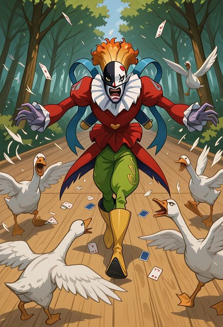 Lazypos, outdoors, green forest full of trees, screaming, running away, PiedmonIL, 1boy, clown, mask, solo, a deck of cards scattered on the floor, goose ambush, 6+ geese