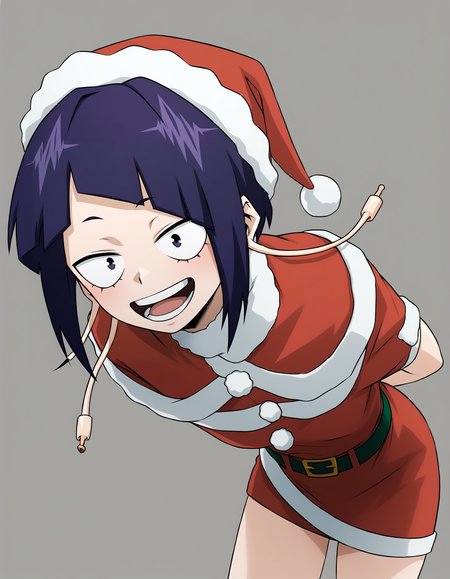 <lora:Kyoka Test:1>, kyouka jirou, Santa outfit, simple background, laugh, hands behind back, leaning forward, cute