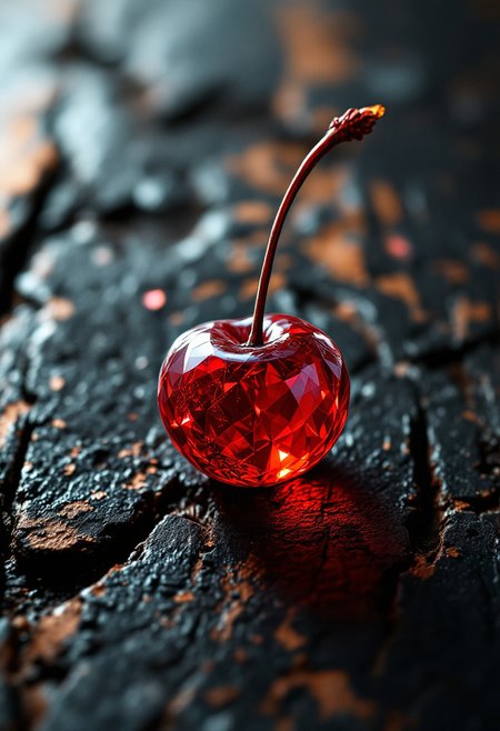 highly detailed red crystal cherry (with fine textures) on a weathered, textured black wooden surface, vibrant contrast between the (crystal cherry) and the (faded, peeling wood), depth and shadow enhanced using (Gaussian blur) for a soft background focus, (sharpen filter) applied to the crystal cherry, (color grading) to enhance contrast between warm and cool tones, (lens flare) subtly added to create natural lighting effect, (noise reduction) for a smooth, clean finish, (HDR toning) used for extra depth and detail, emphasizing the intricate patterns in both the crystal cherry and wood grain