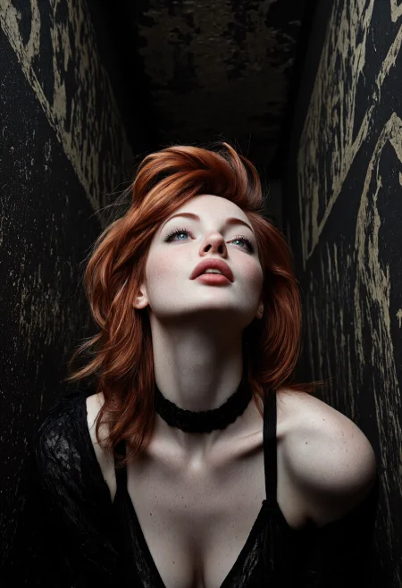 Cinematic low-light photo, closeup portrait of gorgeous pale woman with long red hair in a tousled eccentric style. Her head is tilted upwards to the side with a curious expression of wonder. She is wearing intense makeup dominated by excessive use of black eyeshadow and lipstick. A lace choker can be seen adorning her slender neck. The overall style is unconventional and avant-garde. Her piercing light blue eyes contrast against the dark makeup. The setting is a narrow corridor with occult and alchemical symbols carved into the walls. Volumetric lighting with dust glistening dust particles accentuate the atmosphere of the dark scenery. The image is highly detailed and hyper realistic, its composition asymmetrical and dynamic. Detailed skin with freckles   <lora:flux_SkinDetails_v8> <lora:flux_UltraRealPhoto> <lora:flux_willowwisdom>