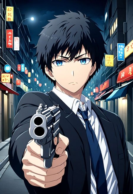 high resolution, solo, best quality, 1Boy, Arata Kaizaki, Black Hair, Blue Eyes, portraits, midnight, dim street lights, mysterious, threatening, gun, aiming the gun to the viewer, OverallDetail