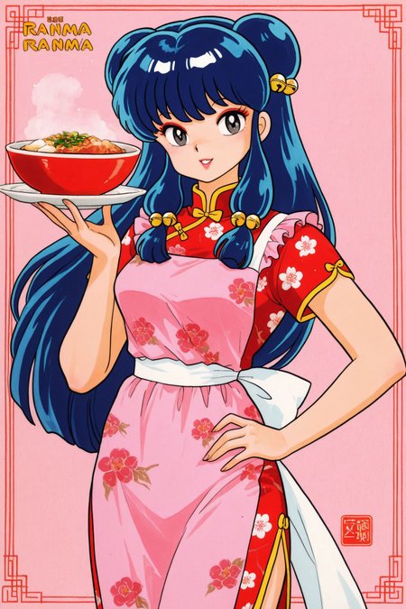 1girl,shampoo (ranma 1/2),solo,long hair,holding,apron,chinese clothes,hair bun,food,retro artstyle,double bun,hair ornament,hand on hip,looking at viewer,smile,dress,makeup,holding plate,china dress,short sleeves,sidelocks,black eyes,bangs,hair bell,bell,floral print,bowl,blue hair,parted lips,cowboy shot,copyright name,
<lora:Takahashi Rumiko_illustriousXL:0.8>,