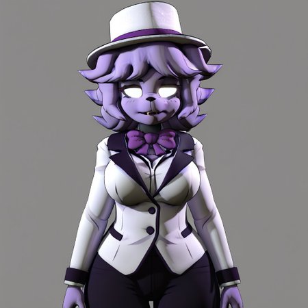 UHYEAH, light purple fur, completely white eyes, white tuxedo, Purple bow, white fedora with purple ribbon, black pants, For style (i think):  1girl, solo, anthro, cally3d, 3D, 3d render, woman, sexy, detailed, extreme detail, perfect lighting, 4k,