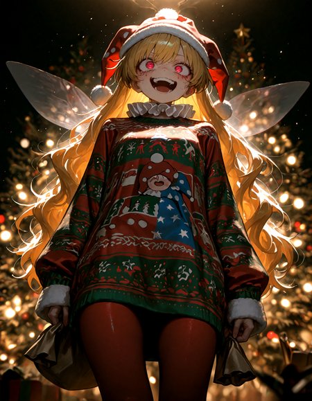 Christmas, dress, red pantyhose ,santa_hat ,Christmas sweater,
1girl, solo,  clownpiece, soft lighting, crazy  ,
masterpiece, best quality, amazing quality, very aesthetic, absurdres,  newest, (volumetric lighting),
<lora:world_christmassweater:0.5>,<lora:cfg_scale_boost:0.5>, <lora:ponyv5_noobE11_1_adamW:0.5>, <lora:illustrious_noobai_epsilon_pred_1_best_quality_v1:0.5> ,<lora:illustrious_noobai_epsilon_pred_1_masterpieces_v1:0.5> ,<lora:illustrious_noobai_epsilon_pred_11_very_aesthetic_v1:0.5>
