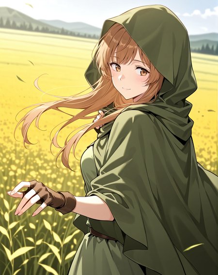<lora:Demera illumi:1>
1 girl, solo, long hair, brown hair, bangs, brown eyes
green dress, bracelete, hood, hood up, cloak, hooded cloak, fingerless gloves
score_9, score_8_up, score_7_up, very aesthetic, source_anime, detailed, high quality, beautiful, masterpiece, detailed eyes, field, blurry background, pose dynamic angle, upper body, cowboy shot, light smile, looking back, reaching out, floating hair
