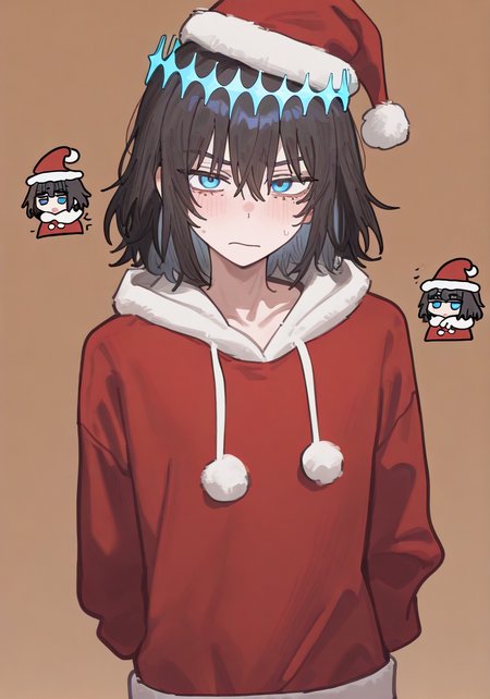 Masterpiece, Best Quality, Best Score, Best Anatomy, simple background, warm background,
upper body,androgynous, chibi, 
(1boy,oberon vortigern, dark hair,blue circlet,blue eyes),
irritation,
christmas outfit, santa hat, 
ppka, doremifaso64, 
<lora:nyalia_NoobXL:0.6>,  <lora:furu00tck:0.3>,  <lora:nabibutterILLUS:0.1>,  <lora:doremifaso64_style_ill_v1:0.2> ,<lora:Popoka-Illustrious:0.2>
