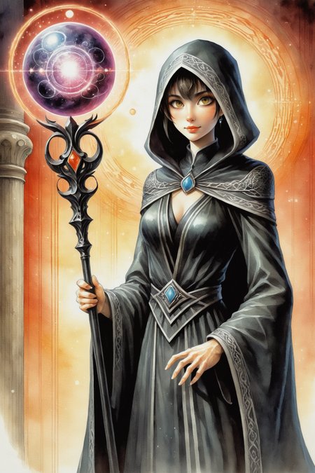 by Dave Dorman and Junji Ito,  <lora:EnvyAnimeWatercolorXL02:0.60> ,   holding a staff, orbstaff <lora:orbstaff:0.60>