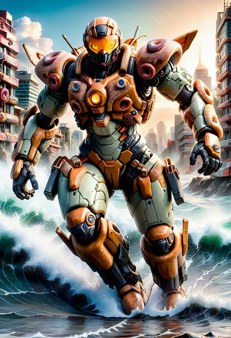 d0nu71f13d, made of doughnuts, Heavy Mech,  Cyborg, Robot, Power Armor, Tactical, Advanced Gear, Power Suit, Exoskeleton, Advanced Gear, Futuristic, action shot, easynegative, ninja mech running away from a massive tsunami wave of coffee, mech running through a city, surrounded my donut building, a tsunami wave towering in background, tsunami wave of coffee,