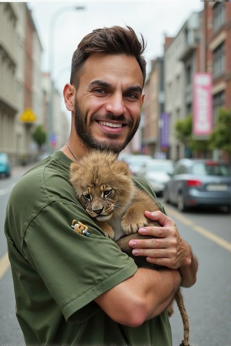HD high professional quality photo of LoÃ¯c Barcourt upper body, he is holding a baby Zebra in his arms and hands. His face have a happy expression. The background is city street, a visible caos, a sinkhole opened up suddenly, swallowing cars and buildings without warning., he is wearing a green shirt, <lora:Rythmind_LoÃ¯c Barcourt_Flux_v1_0005:1>, RAW candid cinema, 16mm, color graded portrait 400 film, remarkable color, ultra realistic, textured skin, remarkable detailed pupils, realistic dull skin noise, visible skin detail, skin fuzz, shot with cinematic camera<lora:lbw_models\OUTPUT\adjustedch9_Rythmind LoÃ¯c Barcourt Flux v1 HashFix_sd_scripts.safetensors:1.0:1.0>
ðï¸ [Inpainted with Loras]: flux1-depth-dev-lora
ð¯<lora:flux\loratools\flux1-depth-dev-lora.safetensors:0.75:0.75>