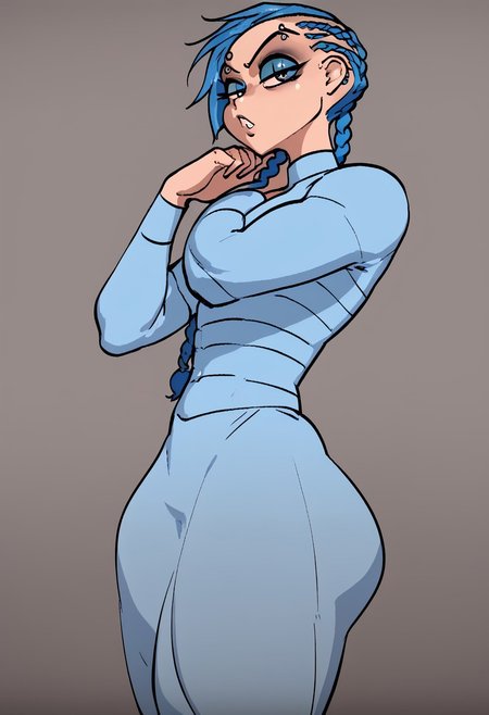 score_9, score_8_up, score_7_up, anna, fellatrix style,
solo,1girl ,breasts, braid, blue hair, long hair, braid,great shading,,open eyes, eyeshadow, blue eyeshadow,makeup,, eyebrow piercing, piercing, 
blue motosuit, 
standing pose, looking at viewer, full body
gray background,