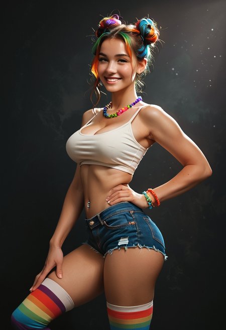 (score_9, score_8_up, score_7_up), zPDXL2 BREAK
(from side:0.6), (from below:0.2).
 sensational full body illustration,realistic, a woman, cute perfect face, rainbow hair, freckles, hime cut, nerdy, tan skin,  medium breasts, saggy boobs, crop top, denim shorts, hips, space buns, (round face:1.2), hips, smirk, winking, , thigh high striped socks, navel piercing, colorful beaded necklace and bracelets, rear view, arched back, sexy pose, cleavage, dark background