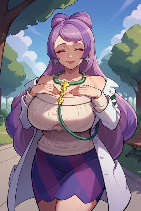 score_9, score_8_up, score_7_up, score_6_up, source_anime BREAK 1girl, mature female   <lora:pkmnmiriam-pdxl-nvwls-v1-000004:1> miriam, multicolored hair, earrings, labcoat, white sweater, purple skirt, striped skirt, large breasts, looking at you, hands on own chest, closed eyes, happy, blue sky, park, stethoscope