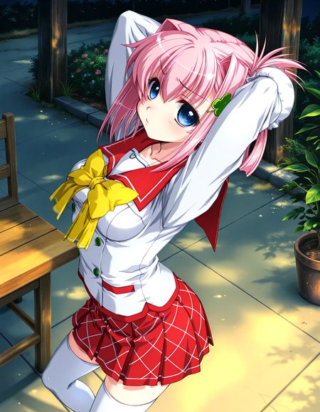 (1girl, solo:1.3), (2girls, 3girls, 4girls, multiple girls, 2boys, 3boys, 4boys, multiple boys:-1.5) <lora:Ainame_Chisato_Hachukano_Illustrious:0.9>, Ainame Chisato, medium breasts, blue eyes, pink hair, short hair, bangs, hair intakes, hair between eyes, sidelocks, bun cover, single hair bun, hair bun, four-leaf clover hair ornament, clover hair ornament, hair ornament, school uniform, serafuku, sailor collar, long sleeves, yellow bow, bowtie, pleated skirt, plaid skirt, red skirt, miniskirt, white thighhighs (pout:0.7), (half-closed eyes:0.7), general, contrapposto, dynamic pose, arms behind head, portrait, from side, from above, dutch angle, indoors, cafeteria, cafe, wooden stool, plant, potted plant, flower, (perspective:0.7), <lora:NOOB_EPSv1_1_detailer_by_vlnvk_v1_0:1.5>, (photo background:0.7), evening, (tachibana yuu:0.6), inue shinsuke, (kazuma muramasa:0.0), saikawa yusa, (aoi manabu:0.6), abarerumidori, (suzui narumi:0.6), masterpiece, newest, absurdres, 8K, anime screenshot, anime coloring, flat color, official art, film grain, <lora:illustriousXLv01_stabilizer_v1.185c:0.7>, <lora:LECO_Solo:-4.0>,