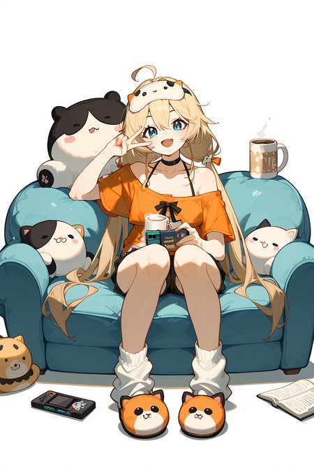 (score_9,score_8_up,score_7_up),<lora:Michele(kalabiqiu)-v1:1>,Michele(kalabiqiu),1girl,blue eyes,slippers,solo,long hair,blonde hair,white background,twintails,shorts,sitting,smile,tail,socks,simple background,open mouth,v,black shorts,bangs,bare shoulders,low twintails,book,full body,hair between eyes,cup,shirt,looking at viewer,holding,arm up,black choker,virtual youtuber,off shoulder,white socks,:d,stuffed toy,very long hair,animal slippers,bean bag chair,chair,stuffed animal,collarbone,loose socks,controller,off-shoulder shirt,choker,mug,fang,short sleeves,sleep mask,orange shirt,ahoge,white shirt,
good feet,anime,NSFW,expressive,amazing quality,ultra hd 32k,