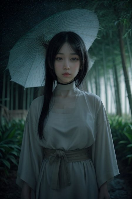 1girl, hyuuga hinata, purple eyes, white eyes, blunt bangs, black hair, hime cut, very large breasts, looking at viewer, fringe,konohagakure symbol, headband around neck ,solodynamic ink painting of a bamboo grove of japan, black and white,monochrome, great art, great sense of depth, ground level shot, the most beautiful bamboo grove in the world, bamboo leaves shining through rainwater, moon\(pale blue\) with a light overcast, beautiful woman\(ancient Japanese noble, beautiful kimono, beautiful long black hair\) looking up at the moon holding an umbrella,raining softly, fireflies flying around, bamboo leaves are placed three-dimensionally in the foreground, long distance shot
score_9, score_8_up, score_7_up, score_6_up, score_9, score_8_up, score_7_up, score_6_up, cowboy shot, <lora:sdxl_lightning_8step_lora:1>    <lora:breasts++-PD-breast_bags-1.0:1>    <lora:HerrscherAGGA2024_Polo_Shirt_V1:0.6>   <lora:GirlfriendFNF_PDXL:0.8>