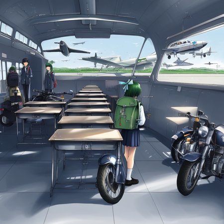 ribbon, backpack, aircraft, black hair, school desk, jet, green hair, scenery, motorcycle