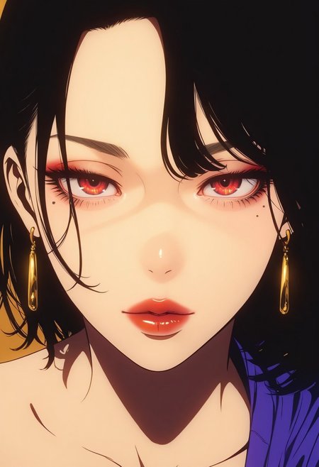 HDR, 8K, high contrast, masterpiece, best quality, amazing quality, very aesthetic, realistic, newest, volumetric lighting, (flat colors:2), ultra detailed, face focus, portrait, golden hour, dynamic posture, sexy attire, seductive, solo, mole under eye, 1girl, mole, solo, eye focus, earrings, jewelry, red eyes, close-up, makeup, looking at viewer, black hair, eyelashes, bangs, lipstick