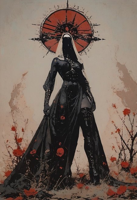 ((score_9, score_8_up, score_7_up)), (((character design, sci-fi warrior women, feminine power, perfect anatomy))), 
An enigmatic figure of a (satanic)nun(caucasian), her (dark habit_catsuit covers all her skin), conducting a sensual satanic ritual inside a dark cathedral during night under a red eclipse. Her (eyeless)mask, elaborate crown, (fully)conceals her identity, adding to her mystique and allure. gold stiletto platform thigh boots, big breasts, tiny waist, flat abs, naughty, looking at viewer, seducing with her body, dancing towards viewer with her arms posing, sexy ass seductive wide hips, butt cheeks, twerk, huge perky breasts, in the style of a vintage, high-contrast setting. Emphasize theatrical elements with extreme opposition of bright colors against dark, moody backgrounds, under a dark red sky
,big butt, booty, bubble butt, <lora:add-detail-xl:2>