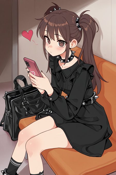 masterpiece, best quality, amazing quality,
 <lora:Lango_IL:1> lango, phone, 1girl, spikes, brown hair, cellphone, spiked collar, holding, heart, long hair, dress, holding phone, solo, black dress, sitting, bag, twintails, socks, look back