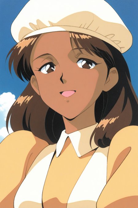 masterpiece, best quality, source_anime,official art,perfect_anatomy,1990s_\(style\),retro_artstyle,1girl,Icolina,brown_hair,long_hair,dark_skin,puffy_short_sleeves,white_headwear,apron,(beautiful detailed face,looking_at_viewer,smile,open_mouth),face focus,upper body,day,outdoors,blue_sky,cloud
