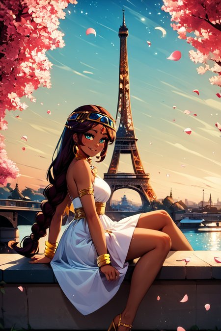 score_9, score_8_up, score_8, medium breasts, (curvy), cute, eyelashes,       BREAK, ,  <lora:Serket_Takatsu_v2:0.7>, zzSerket, dark skin, large breasts, dress, bare shoulders, jewelry, very long hair, bracelet, single braid, circlet,, BREAK,  zzEiffelTower in background, sitting, watercraft, boat, sitting on wall, side view, looking at viewer, smile,  BREAK, blooming stars, luminescent petals, otherworldly fragrance blurry background, embedding:zPDXL, Expressiveh, <lora:EiffelTowerPDXL:1.0>,  <lora:CatalystStylePDXL:0.6>,  <lora:SDXLFaeTastic2400:0.5>,  <lora:Expressive_H-000001:0.4>,