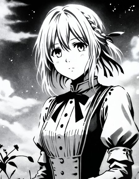 zavy-fzzgrfft, manga monochrome of Violet Evergarden, black and white,