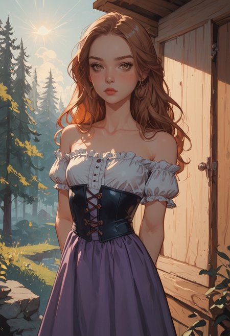 8K, depth of field, focused subject, masterpiece, best quality, amazing quality, very aesthetic, 
score_9, score_8_up, score_8,
1girl, 23 years old, solo, 
detailed, perfect, expressive,  perfect white porcelain fair skin, brown eyes, long flowing red hair, small perky breasts, (tiny waist, slim waist:1.3),  flat stomach, sexy thighs, full round butt, 
sophisticated, intelligent, seductive, aroused, loving, kind, masterpiece, Expressiveh, dynamic angle, high quality, solo, myrtlewal, off shoulder white blouse, purple skirt, corset, arms crossed, looking at viewer, blushing, forest, cabin, medieval setting, detailed scenery, commix style, sun rays, dynamic lighting, dynamic lighting, cinematic lighting